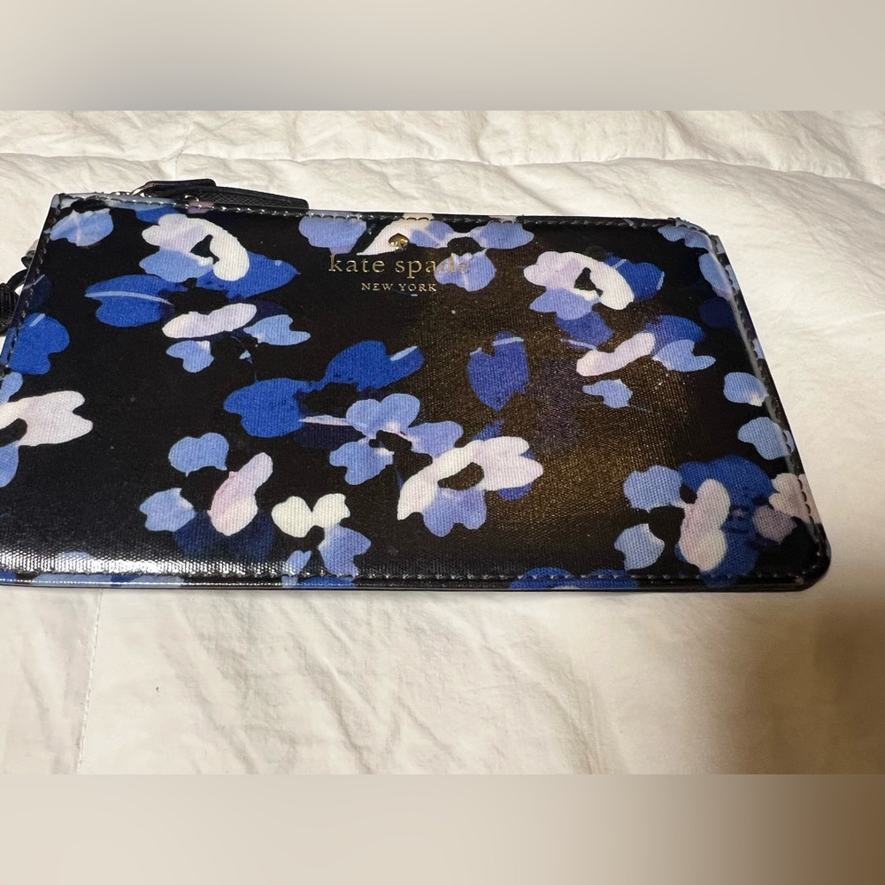 Kate Spade NY Floral Stripe Slim Wristlet Pouch Zip Clutch Black Blue - Picture 11 of 11
